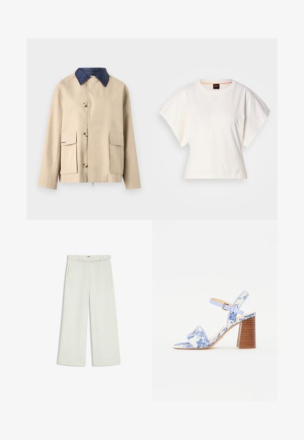 Mads Nørgaard DAISY - Jas - beige; Witte gecropte T-shirt, korte brede mouwen, zachte katoenmaterialen, ronde halslijn met subtiele oranje rand, minimalistisch ontwerp, geen patronen of graphics.; Wijde broek in licht crèmekleurige stof, met zijzakken, een platte voorkant en een enkele knoopsluiting bij de taille. Glad van textuur.; Blauw bloemenpatroon sandaal met een vierkante neus, een brede band en een verstelbare enkelband, met een getextureerde houten blokhak.