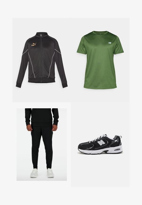 Blazer desportivo preto com detalhes em piping branco. Tem fecho éclair frontal, gola alta e texto do logótipo dourado no peito. O material é suave e elástico.; New Balance T-shirt desportiva - dark alpine green; Conjunto de sweatshirts e calças pretas, feito de material suave. Apresenta um ajuste descontraído, punhos canelados e detalhe do logótipo na perna da calça. Ténis brancos.; Sapatilhas atléticas pretas e cinzas com parte superior em malha e camurça, apresentando uma entressola branca, atacadores e um audacioso logótipo "N" na lateral.