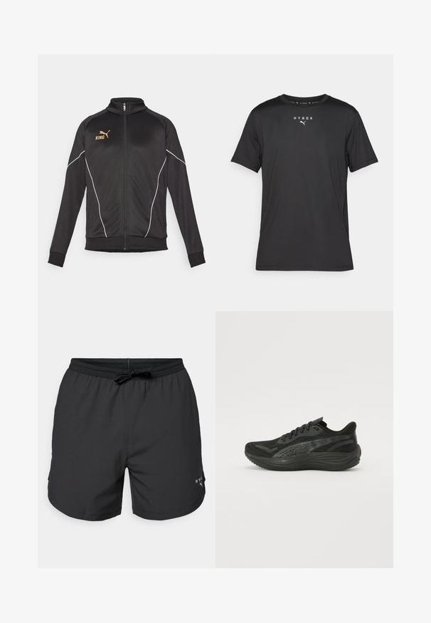 Black sports jacket with white piping accents. Features a zip front, high collar, and gold logo text on the chest. Material is smooth and stretchy.; Black short-sleeve sports t-shirt made of lightweight fabric. Features a crew neck and printed "HYROX" logo with a Puma emblem on the front.; Black swim shorts with an elastic waistband and drawstring. Lightweight fabric with side pockets. Features a small logo on the hem.; Black athletic shoe with a textured mesh upper, flat laces, and a cushioned sole featuring subtle reflective accents.
