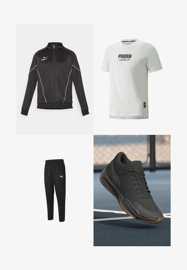 Sort sportsjakke med hvide piping-detaljer. Har lynlås foran, høj krave og guld-logo tekst på brystet. Materialet er glat og strækbart.; Hvid bomulds T-shirt med sorte "PUMA" og "MINECRAFT" logoer foran, samt et grønt Minecraft Creeper emblem i kanten.; Sorte træningsbukser lavet af glat stof, med snøre i taljen, tapered ben og et lille hvidt Puma-log på venstre side.; Sort sportssko med en glat syntetisk overdel, teksturerede accenter og en gummigummisål, designet til ydeevne og komfort.