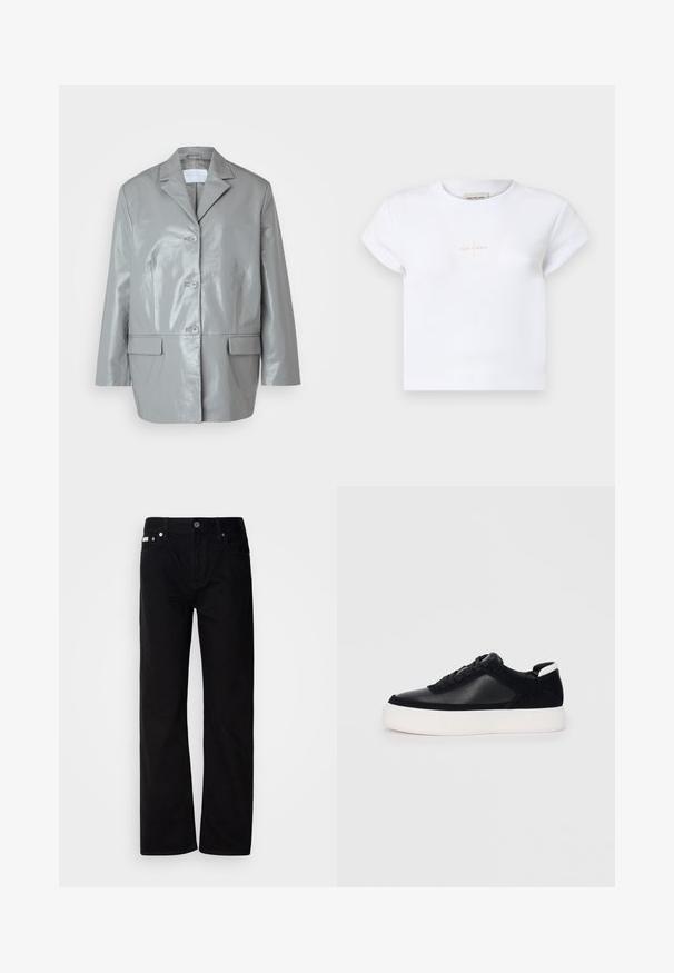 Siva umjetna kožna jakna s oštrim ovratnikom, zatvaranjem na tri gumba, dva prednja džepa i sjajnom teksturom. Prilagođen kroj s dugim rukavima.; Bijela pamučna majica kratkih rukava s diskretnim zlatnim logotipom "Calvin Klein" sređenim sprijeda i okruglim izrezom.; Crne traperice ravnog kroja s pet džepova, srebrnim zakovicama i dugmetom na spratu. Tkanina ima glatku, blago teksturiranu površinu.; Crne tenisice s glatkom kožom i panelima od antilopa, ravne vezice, zaobljenim vrhom i bijelim gumeni potplat. Izraziti logo na peti.