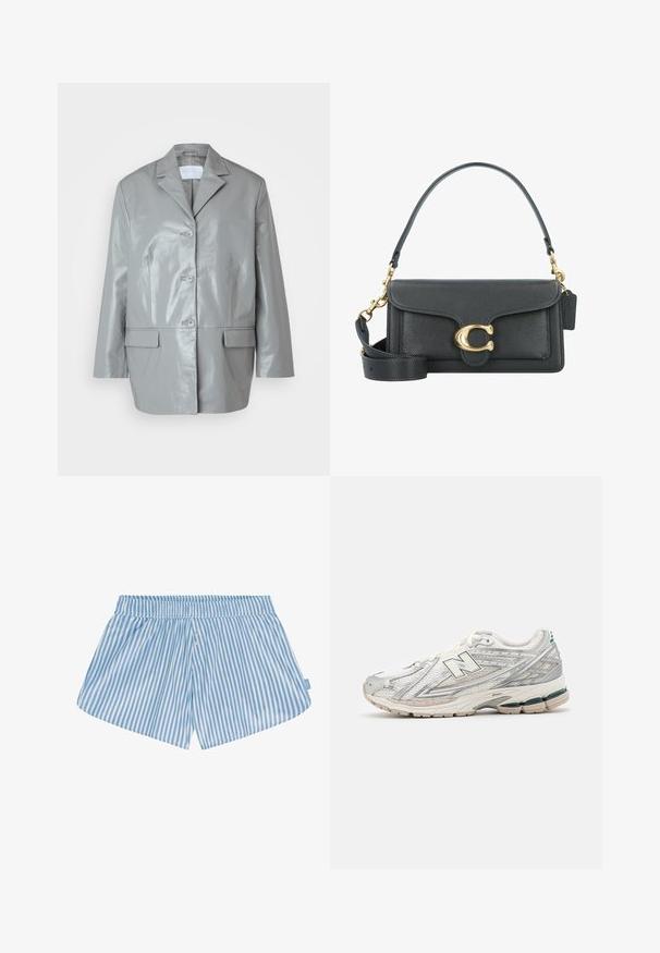 Grau Kunstlederjacke mit einem scharfen Kragen, Drei-Knopf-Verschluss, zwei Fronttaschen und einer glänzenden Textur. Figurbetonte Passform mit langen Ärmeln.; Weißes Baumwoll-T-Shirt mit kurzen Ärmeln, Rundhalsausschnitt und geradem Schnitt. Glatte Textur, einfaches Design, keine sichtbaren Muster oder Akzente.; Blaue und weiße gestreifte Shorts mit elastischem Bund, zwei Knöpfen auf der Vorderseite und entspannter Passform. Der Stoff wirkt glatt und hat eine leichte Textur.; Laufschuh mit einem silbernen und weißen Mesh-Obermaterial und grünen Akzenten. Die Sohle ist dick und strukturiert, um Dämpfung und Unterstützung zu bieten.; Schwarze Lederhandtasche mit goldenen Hardware-Akzenten, ausgestattet mit einem charakteristischen Verschluss, einem abnehmbaren Schultergurt und einer strukturierten Oberfläche.