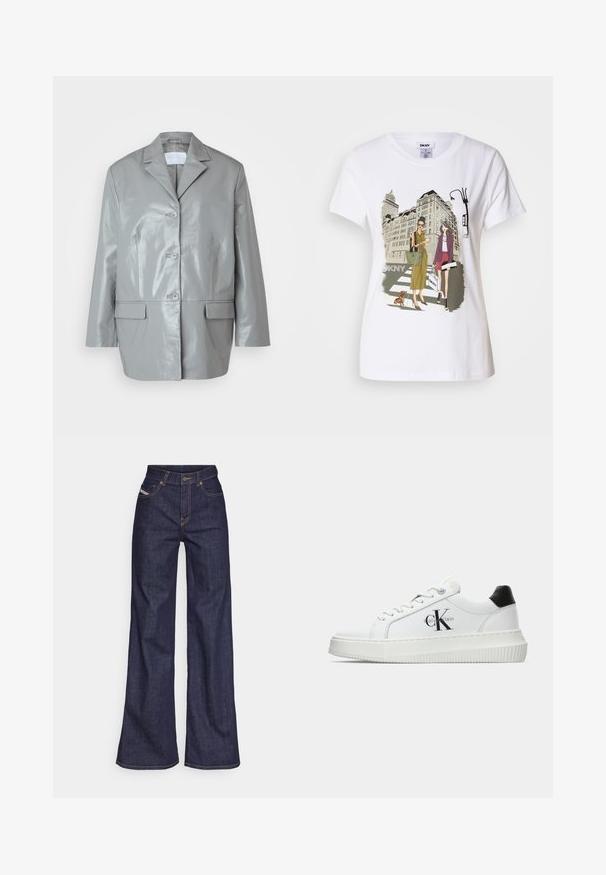 Grijs faux leren jack met een scherpe kraag, sluiting met drie knopen, twee voorzakken en een glanzende textuur. Tailored fit met lange mouwen.; Witte katoen T-shirt met een geprinte illustratie van twee vrouwen in urban mode stijlen met een hond op een zebrapad en stadsgebouwen.; Donkerblauwe wijde jeans van denimstof met een hoge taille, voorzien van oranje stiksels, een vijf-pocket ontwerp en een knoopsluiting.; Witte lage sneaker met zwarte hiel tab, plateauzool, veters en Calvin Klein "CK" logo aan de zijkant.