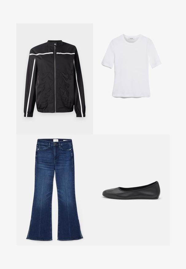 Black jacket with a high collar, zip closure, white side stripes, and flame embroidery on the front. Made from lightweight fabric.; White short-sleeve t-shirt made of ribbed fabric. Round neckline, regular fit, and subtle stitching details. No patterns or graphics.; Dark blue flared jeans made from denim. Features a high waist, front pockets, and slit details at the hem. Classic five-pocket design.; Black leather ballet flat with a rounded toe, smooth texture, minimal stitching detail, and a flexible sole design.