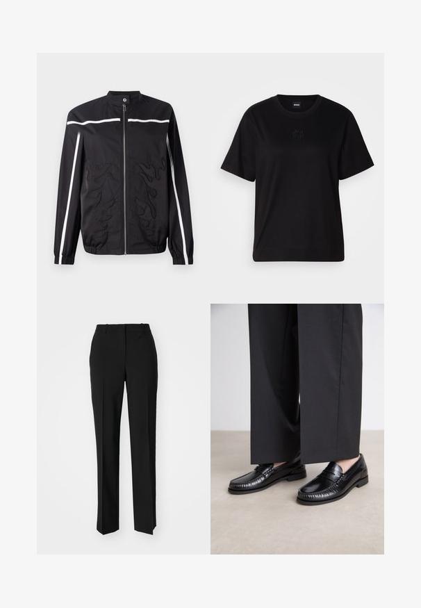Zwarte nylonjas met een opstaande kraag, ritssluiting aan de voorkant, witte strepen en vlammenpatronen op de voorkant gestikt. Voorzien van elastische manchetten.; Zwarte katoenen t-shirt met een ronde hals, korte mouwen en een geborduurd logo op de borst. Eenvoudige, comfortabele pasvorm zonder patronen.; Zwarte op maat gemaakte broek met een recht model, voorzien van een soepele textuur en scherpe plooien aan de voorkant. Geen zichtbare hardware.; Zwarte leren instappers met een gladde afwerking, gestikte details rond de teen en een lage rubberen zool. Gepaard met brede zwarte broeken.