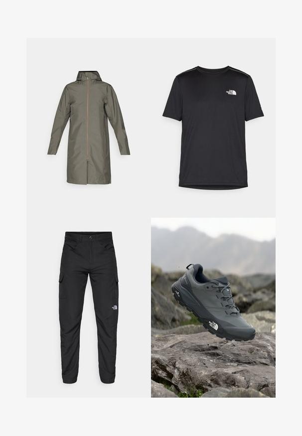 Olajzöld, vízálló esőkabát kapucnival, teljes elülső cipzárral és hosszú ujjakkal. Simá szövetű, minimalista dizájn, félcombig érő hosszúság.; Fekete, rövid ujjú póló, könnyű anyagból készült. Bal mellen egy kis fehér logó található, és finom vállrész kiemelések.; The North Face HORIZON PANT - Szabadtéri nadrágok - black; Szürke terepfutó cipő, texturált felsőrésszel, tartós gumitalppal és megerősített orr résszel. Fekete fűzők és márka logó a cipő oldalán.