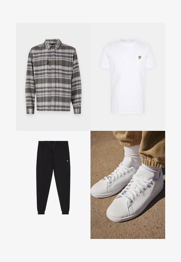 Camisa xadrez cinza com dois bolsos no peito, fecho de botão e detalhe do logotipo amarelo. O tecido tem um acabamento texturizado e um design de colarinho clássico.; T-shirt de algodão branco com um pequeno logótipo bordado em preto e amarelo no lado esquerdo do peito. Mangas curtas e decote redondo.; Calças jogger pretas com cintura elástica e cordão, pernas afuniladas com punhos e pequeno logótipo amarelo bordado na coxa direita.; Sapatilhas brancas de couro com uma superfície suave, apresentando um design clássico com atacadores, perfurações para respirabilidade e uma sola de borracha texturizada.