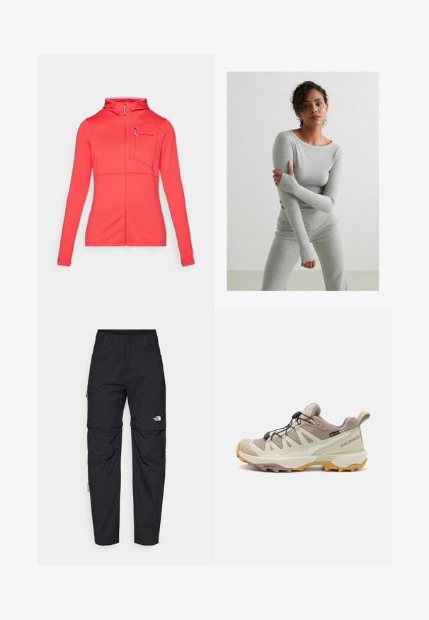 Czerwona kurtka sportowa z kapturem, teksturowany materiał, zamek z przodu oraz mała kieszonka na piersi. Posiada logo na górnej lewej stronie.; Szara bluzka z długim rękawem i dopasowane legginsy wykonane z tkaniny w prążek, z otworami na kciuki i okrągłym dekoltem, na jednolitym tle.; Czarne spodnie z odpinanymi nogawkami, wykonane z lekkiego materiału. Posiadają zapięcie na guzik, kieszenie oraz logo "The North Face" na nogawce.; Lekki but trekkingowy w beżowo-miętowym wzorze. Teksturowana cholewka, gumowa podeszwa, system szybkiego sznurowania oraz kontrastujące żółte akcenty.