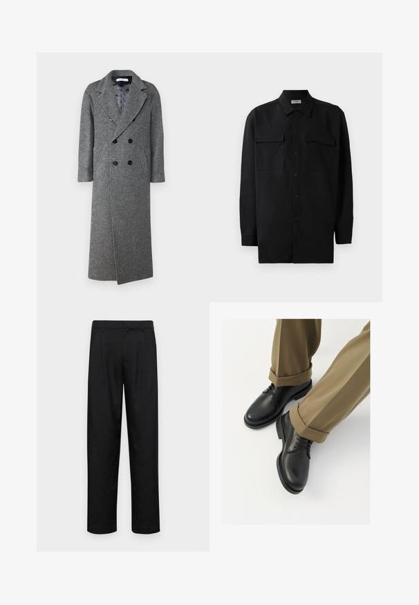 STUDIO ID TYLER COAT - Palton clasic - grey; Cămașă neagră cu nasturi, confecționată dintr-un material neted, având un guler clasic, două buzunare frontale și mâneci lungi cu manșete cu nasturi.; Pantaloni negri dintr-un material neted, cu un design drept, două pliuri frontale și un tiv standard cu bucle pentru curea.; Pantofi negri din piele cu un finisaj neted, dotati cu sireturi si varf rotunjit, asortați cu pantaloni kaki rulați.