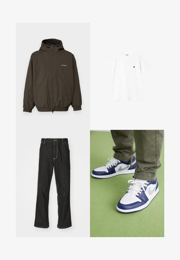 Dark green hooded jacket, made of smooth fabric. Features a front zipper, elastic cuffs, and side pockets. "Carhartt" logo on chest.; White cotton t-shirt with short sleeves, round neck, and a small black logo on the left chest. Soft texture and standard fit.; Black denim jeans with a loose fit, featuring contrasting white stitching, a button closure, and a straight leg design.; Blue and white leather sneakers with perforated toe, white laces, and silver accents, paired with olive green pants on a green surface.