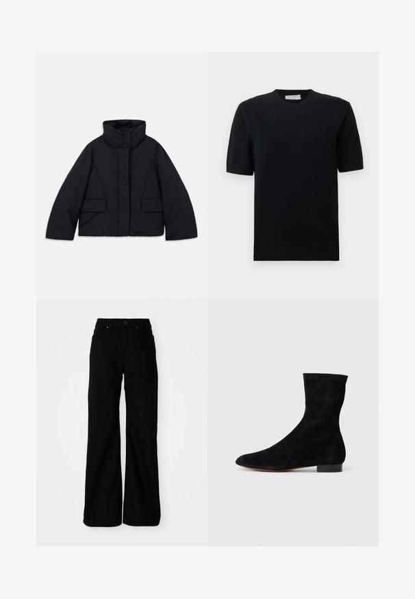 Zkrácená černá péřová bunda s vysokým límcem, která má přední zapínání na knoflíky a dvě postranní kapsy, vyrobená z hladkého, izolačního materiálu.; Černý svetr s krátkými rukávy, s žebrovaným kulatým výstřihem a lemem, vyrobený z hladké pleteniny s klasickým, přiléhavým střihem.; Černé široké kalhoty z denimové látky. Mají vypasovaný pas, přední kapsy a zapínání na knoflík. Hladký povrch s minimálními detaily.; Černá nubuková kotníková bota s úzkým svrškem, špičatou špičkou a nízkým blokovým podpatkem. Hladká textura a minimalistický design, vhodné pro všestranné styling.