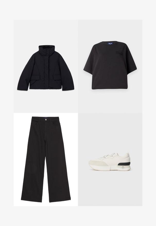 Veste en duvet noire courte avec col haut, dotée d'une fermeture à boutons sur le devant et de deux poches latérales, fabriquée en tissu lisse et isolant.; T-shirt noir à manches courtes en coton, avec une coupe décontractée et un logo en relief sur le devant près de l'épaule.; Pantalon large noir en denim, à taille haute, avec poches avant et un seul bouton en métal à la taille, texture lisse.; Baskets blanches avec un capuchon en suède texturé, un upper en mesh lisse, des lacets décoratifs, et un accent de talon en caoutchouc noir.