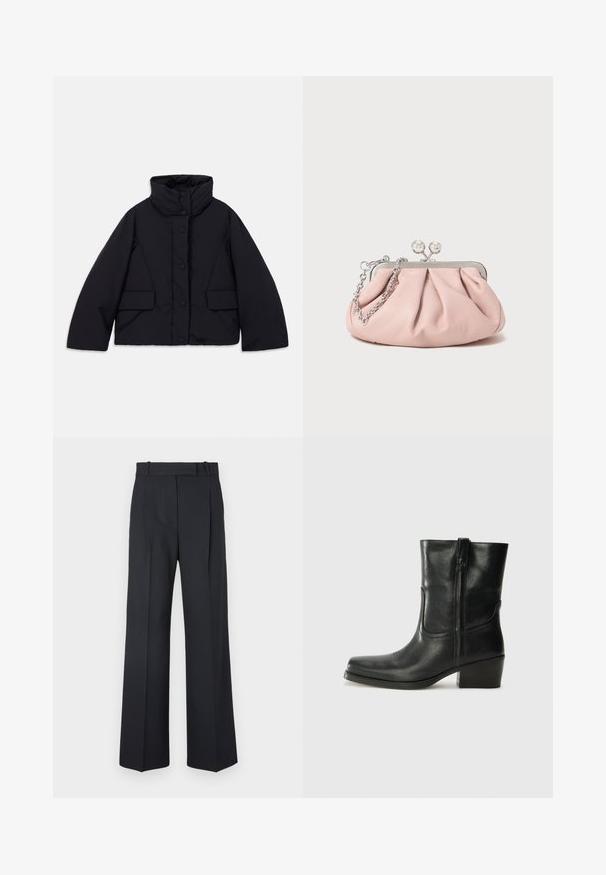 Cropped black puffer jacket with high collar, featuring a front button closure and two side pockets, made from smooth, insulated fabric.; Long-sleeve, light beige top with a round neckline. Made of soft fabric, features a central seam and slightly curved hem. No visible hardware.; Dark blue pinstriped trousers with a high waist, wide leg design, and no visible hardware or embellishments. Smooth texture and tailored fit.; Black leather ankle boot with a rounded toe, block heel, side zipper, and stitching accents on the vamp. Smooth texture, classic design.; Pink leather clutch bag with a gathered design, metal frame, two round clasps, and a silver chain strap. Smooth texture, compact shape.