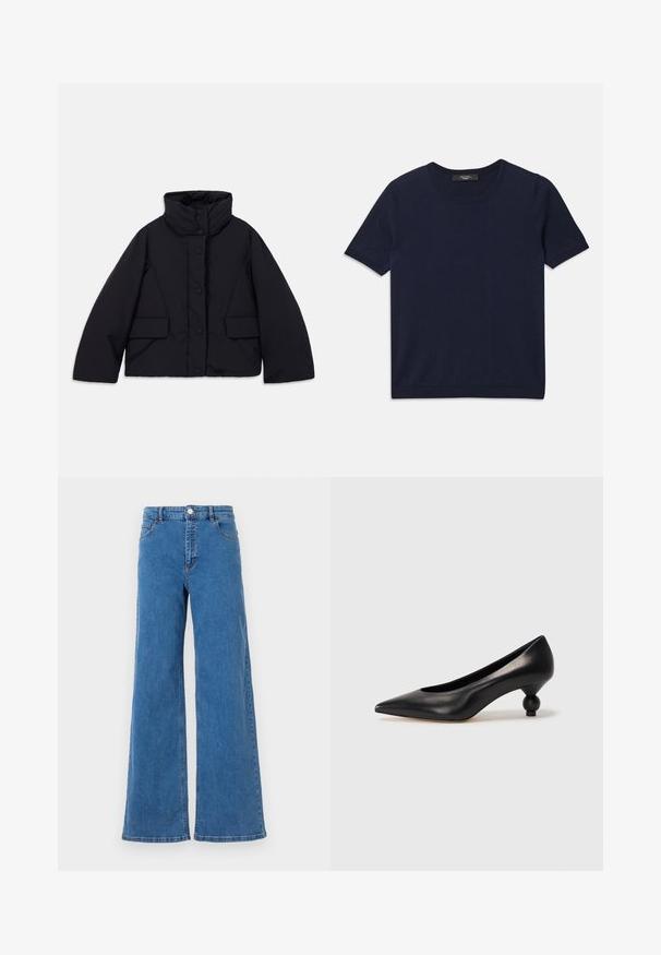 Cropped black puffer jacket with high collar, featuring a front button closure and two side pockets, made from smooth, insulated fabric.; Navy blue short-sleeve T-shirt made of soft fabric, featuring a round neckline and ribbed edges, smooth texture, and no visible patterns.; Wide-leg blue denim jeans with a high waist, front pockets, and a button closure. The fabric has a smooth texture and a classic stitch pattern.; Black leather high heel shoe with a pointed toe and a round, balled heel. Smooth texture with a sleek, minimal design.