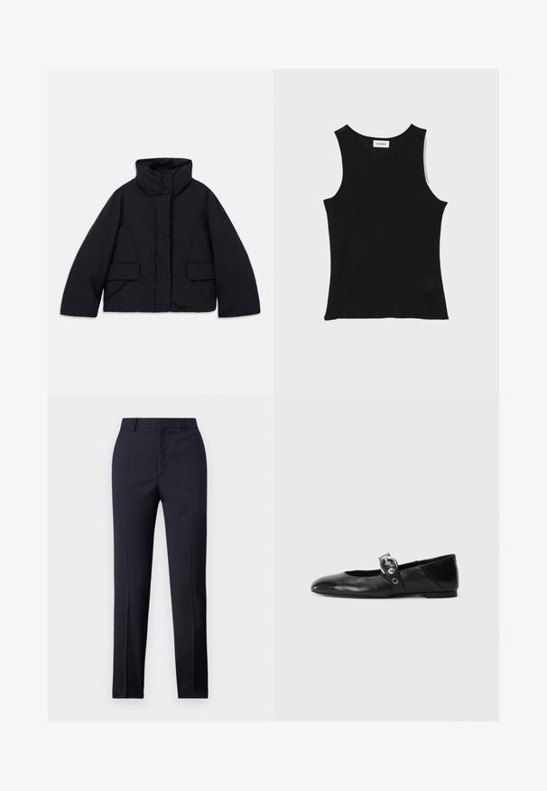 Avskuren svart pufferjacka med hög krage, med framknäppning och två sidofickor, tillverkad av slät, isolerad tyg.; Svart ribbat linne med rund halsringning och breda axelbands, som har en subtil texturerad yta och en liten meshdetalj vid nederkanten.; Marinblå skräddarsydda byxor med rak passform, med en slät textur, två framfickor och en ren midjeband.; Svarta läderballetskor med spetsig tå, med en rem som har en rund metallspänne och en platt sula.