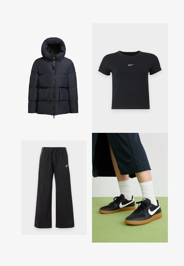 khujo ELLIS - Chaqueta de invierno - dunkelblau; Camiseta negra de manga corta hecha de algodón con un cuello redondo. Presenta un logo blanco de Nike en el pecho, diseño minimalista y forma ajustada.; Pantalones de chándal negros hechos de un tejido suave, con una cintura elástica con cordón, rayas laterales y un pequeño logo en la parte frontal izquierda.; Zapatillas de cuero negro y sintético con el swoosh blanco de Nike, suela de goma, punta redonda y cordones negros. Calcetines blancos acanalados visibles.
