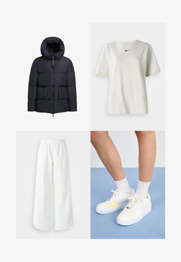 khujo ELLIS - Téli dzseki - dunkelblau; Fehér pamut póló kerek nyakkal és rövid ujjal. A mellkason egy kis fekete Nike logó található. Egyszerű és díszítetlen dizájn.; Fehér, bő szárú sportnadrág ribbelt derékpánttal és diszkrét logórésszel. Simá szövet, laza szabással és taperált szárral.; Fehér bőr sneakers sárga és levendula színű kiegészítőkkel, kerek orral, lapos fűzökkel és texturált gumitalppal. Fehér zoknival viselve.