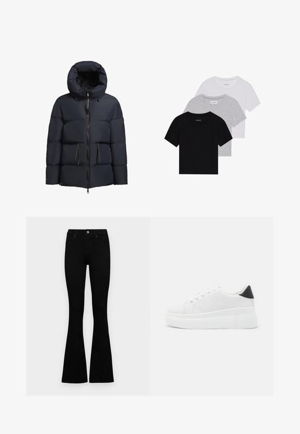 khujo ELLIS - Chaqueta de invierno - dunkelblau; Conjunto de tres camisetas de manga corta en negro, gris y blanco. Están hechas de algodón, cuentan con cuello redondo y un diseño simple de un solo color.; Jeans negros de cintura alta con cierre de botón y cremallera, bolsillos frontales y piernas acampanadas, dispuestos sobre un fondo blanco.; Zapatillas de plataforma blancas hechas de material sintético suave, con punta redondeada, diseño de cordones y suela de goma texturizada. Acento en el talón negro.
