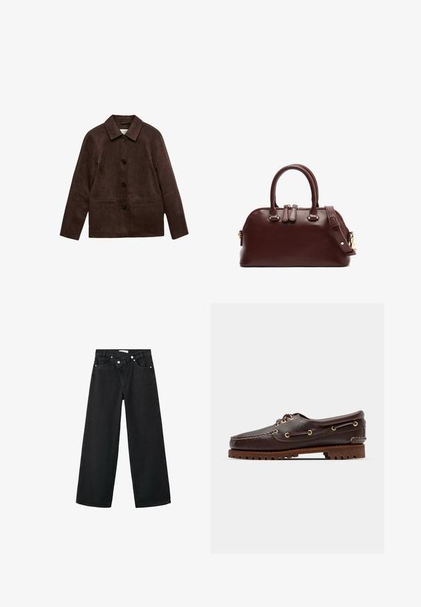 Bruine suède jas met vier zwarte knopen, lange mouwen en twee voorste weltdoeken, met een klassieke kraag.; Rood en beige geruit overhemd met knoopsluiting aan de kraag, lange mouwen, voorzak en een losse pasvorm. Zachte stoftextuur.; Hoge taille zwarte denim jeans met een wijde pijp, vijf zakken en zilveren metalen hardware aan de voorkant voor sluiting.; Bruine leren bootsschoen met gouden oogjes, ronde veters en een gestructureerde bruine rubberen zool. Kenmerkt zich door gestikte details en een verhoogd logo.; Bordeaux leren handtas met dubbele bovenhandvaten, afneembare schouderriem, gouden hardware accenten en een ronde vorm. Ritssluiting.
