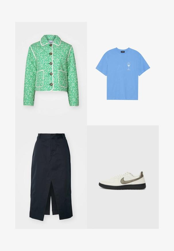 Zöld virágmintás dzseki rövidített szabással, fehér szegéllyel, gombos záródással és elülső zsebekkel. Texturált anyagból készült, gallérral.; Világoskék pamut póló, lekerekített nyakkal. Az elülső bal mellrészen egy fehér pálmafát és szöveget ábrázoló grafikával rendelkezik. Rövid ujjak.; Sötét tengerészkék midi szoknya pamut keverék anyagból, elülső hasítékkal, elrejtett cipzárral és oldalsó zsebekkel a funkcionalitás érdekében.; Nike Sportswear FIELD GENERAL - Sportcipő - off-white/black