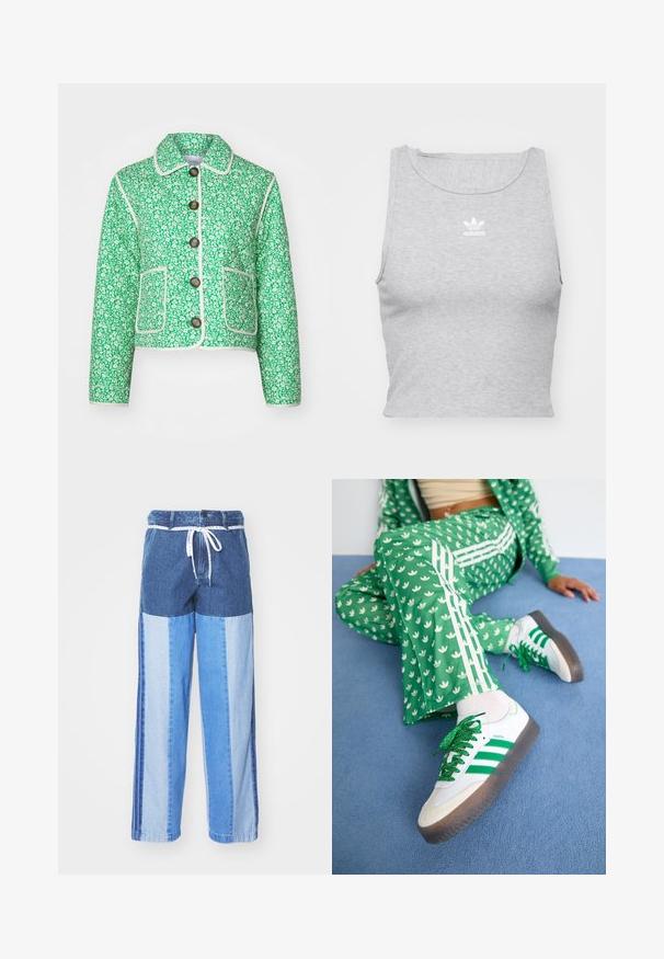 Green floral jacket with a cropped design, white piping, button closure, and front pockets. Made of textured fabric, featuring a collar.; Grey, sleeveless crop top made of soft fabric, featuring a round neckline and a small white Adidas logo on the chest.; Blue denim pants featuring a patchwork design with varying shades of blue, a drawstring waist, and loose, straight-cut legs.; Green patterned tracksuit with white floral designs and white stripes, paired with white sneakers featuring green stripes and glittery laces.