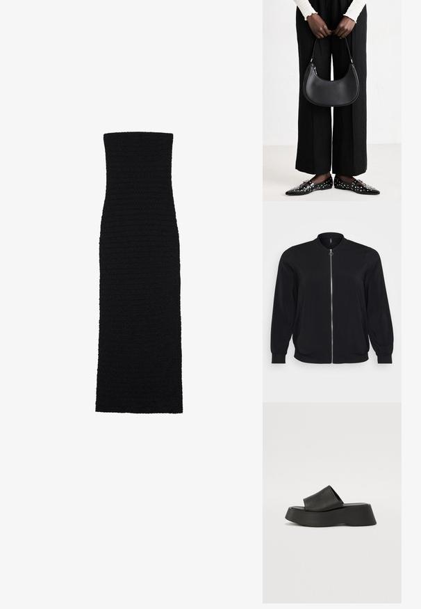 Czarna kurtka bomberka wykonana z gładkiego materiału, z zapięciem na zamek z przodu, prążkowanymi mankietami, klasycznym okrągłym dekoltem oraz bocznymi kieszeniami.; Czarna, dopasowana sukienka midi wykonana z teksturowanej tkaniny. Posiada bezramiową, prostą sylwetkę z gładkim, bezszwowym wykończeniem.; Czarne sandały na platformie z szerokim paskiem i masywną podeszwą. Wykonane z gładkiego materiału o matowym wykończeniu, bez widocznych elementów metalowych.; Czarna skórzana torba na ramię o zaokrąglonym kształcie, z połyskującym wykończeniem i srebrnymi akcentami. Osoba w czarnych spodniac wyszczuplających i znaczonymi loafersami.
