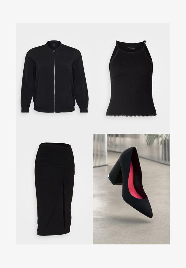 Sort bomberjakke lavet af glat stof, med en frontlynlås og ribbede mansjetter, har en klassisk rund halsudskæring og sidelommer.; Sort ribbet tanktop med bølget blondekant forneden. Har tynde stropper og en tætsiddende pasform. Fremstillet af strækbart materiale.; Sort, rynket blyantskørt med bindebånd og en sidelæg. Fremstillet af et strækbart stof, der har en glat overflade og en tætsiddende pasform.; Sort højhælet sko med spids tå, struktureret overflade og et livligt pink interiør. Har en kraftig hæl med sølvdetaljer.