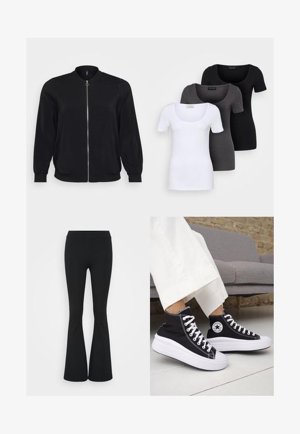 Casaco bomber preto feito de tecido liso, com fecho de correr frontal e punhos canelados, com um clássico decote redondo e bolsos laterais.; Três t-shirts ajustadas em branco, cinza e preto. Cada uma possui um decote amplo e mangas curtas. Feitas de um tecido liso e elástico.; Calças pretas de corte alargado feitas de tecido elástico, com uma cintura alta e uma textura suave. As calças alargam-se a partir do joelho.; Ténis pretos de cano alto com solas e atacadores em borracha branca. Apresentam um emblema redondo e costuras contrastantes em branco. Material em lona.