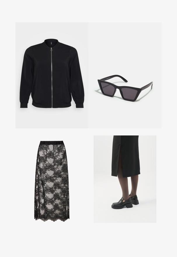 Veste bomber noire en tissu lisse, dotée d'une fermeture éclair sur le devant et de poignets côtelés, avec un col rond classique et des poches latérales.; Haut à col roulé noir, manches courtes, design ajusté, texture douce, coutures minimales et un col montant.; Jupe en dentelle noire avec un ourlet festonné, ornée d'un motif floral et d'une texture transparente. Ceinture élastique pour un port confortable.; Chaussures noires en cuir avec un bout arrondi, un épais talon bloc et des accents latéraux élastiques, associées à des bas foncés et une jupe noire avec une fente.; Lunettes noires angulaires avec des verres gris ; fabriquées en plastique, avec des branches épaisses à la surface lisse et sans matériel visible.