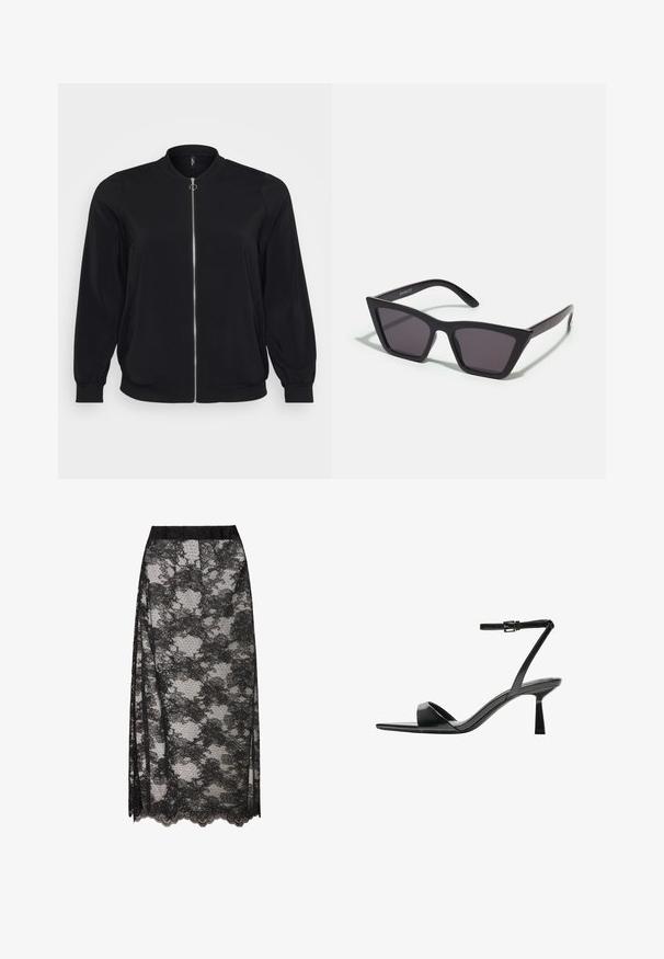 Črna bomber jakna iz gladkega blaga, z zadrgo spredaj in rebrastimi manšetami, klasičnim okroglim ovratnikom in stranskimi žepi.; Črna rebrasta majica s turtleneck ovratnikom, kratkimi rokavi, prilegnjenim dizajnom, mehkimi vlakni, minimalnimi šivi in visokim ovratnikom.; Črna čipkasta krila s valovitim robom, ki prikazuje cvetličen vzorec in prosojno teksturo. Elastičen pas za udobno nošnjo.; Bershka Sandali z visoko peto - black; Črne, angularne sončne očala z sivimi lečami; izdelana iz plastike, imajo debele ročke z gladko površino in brez vidne opreme.; Črna usnjena torbica za čez ramo z zaobljeno, oblikovano silhueto, ki ima zlato zaklepanje in eno nastavljivo naramnico. Gladka tekstura.