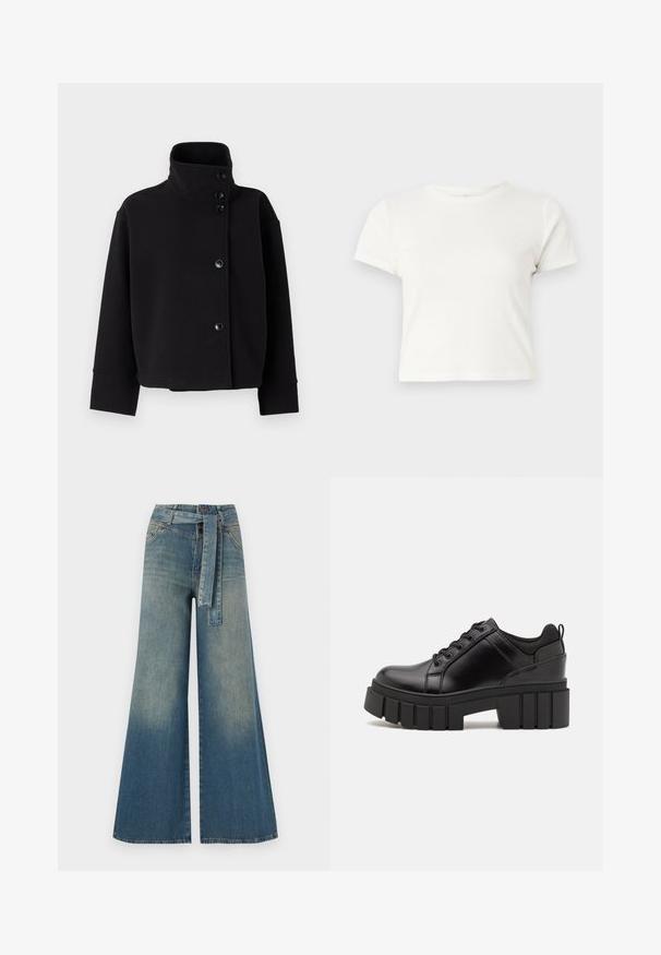 Gina Tricot SHORT JACKET - Casaco leve - black; T-shirt branca curta feita de algodão, com mangas curtas, um decote redondo e uma bainha reta, apresentando uma textura suave e um design minimalista.; Calças de ganga de perna larga com um gradiente de azul claro a escuro, cintura alta, passantes para cinto e um cinto de tecido a condizer. Acabamento em ganga texturizada.; Sapatos de plataforma em couro preto com um salto bloco robusto, bico redondo e design clássico de atacadores. Apresentam uma textura suave e detalhes mínimos.