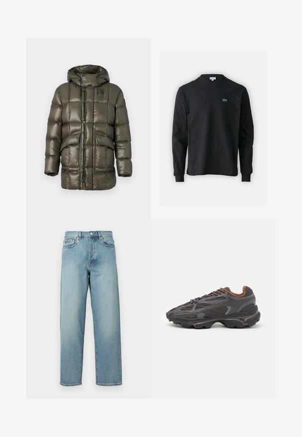 Pūkinis džemperis alyvinės žalios spalvos, su gobtuvu, mygtukais, siuvinėtu dizainu ir priekinėmis kišenėmis, turinčiomis lygią, blizgią tekstūrą.; Juodas ilgomis rankovėmis marškinėliai iš medvilnės, turintys apvalią iškirptę ir mažą žalią išsiuvinėtą krokodilo logotipą kairėje krūtinės pusėje.; Šviesiai mėlynos džinsinės kelnės su laisvu siluetu, tiesiomis kojomis, penkių kišenių dizainu ir sagčių uždarymu juosmens srityje. Minimalistinis siuvinėjimo akcentas.; Lacoste sportbačiai tamsiai pilki, pagaminti iš tinklinės ir sintetinių medžiagų, su tekstūruotu padu ir rudomis detalėmis ant apykaklės bei prekės ženklo.