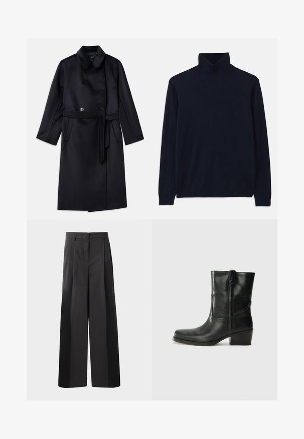 Marineblauwe wollen mix jas met een gekartelde kraag, dubbele knopen, een ceintuur in de taille, zijzakken en een middellange ontwerp.; Marineblauwe coltrui met lange mouwen, gemaakt van zacht breisel. Heeft een geribbelde kraag en manchetten, met een eenvoudig ontwerp en zonder patronen.; Zwarte wijde broek met hoge taille, met voorplooien, een gladde textuur en een nette afwerking. Ontworpen voor een ontspannen pasvorm.; Zwarte leren enkellaars met een ronde neus, blokhak, zijrits en stikselaccenten op de wreef. Gladde textuur, klassiek ontwerp.