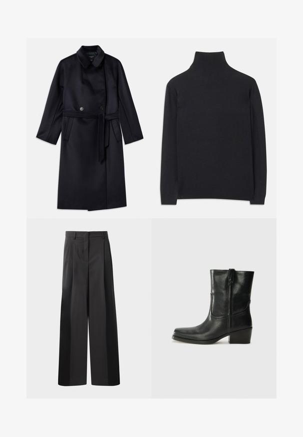 Jūras tumši zila vilnas maisījuma mēteli ar iegriezumu apkakli, divrindas pogām, jostu viduklī, sānu kabatām un vidēja garuma dizainu.; Melns augstais kakls džemperis no mīksta auduma. Tam ir garas piedurknes, augsts kakls un ribotas aproces un apakšmala, lai radītu pieguļošu izskatu.; Melni platajā kājās bikses ar augsto jostasvietu, kas ar priekšējiem krokām, gludu tekstūru un pielāgotu apdari. Veidotas relaksētai piegrieztei.; Melna ādas potīte ar noapaļotu purngalu, bloku papēdi, sānu rāvējslēdzēju un šuvju akcentiem uz virsmas. Gluda tekstūra, klasiskā dizaina.