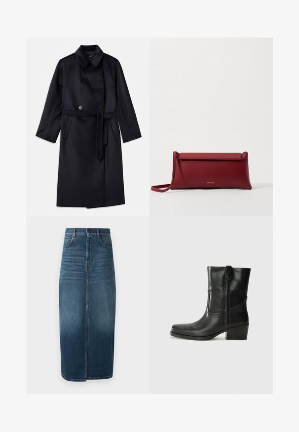 Tamsiai mėlynas vilnos mišinys paltas su iškirptu apykakle, dvigubo užsegimo mygtukais, diržu liemens srityje, šoninėmis kišenėmis ir vidutinio ilgio dizainu.; Balta trumpų rankovių bliuskutė su mėlynais gėlėmis siuvinėjimais, apvaliu dekoltė ir sudėtingais raštais priekyje ir rankovėse.; Tamsiai indigo džinsinio audinio midi sijonas su priekinėmis skeltuvėmis ir šiek tiek išblukusia spalva. Klasikinis penkių kišenių dizainas su metaliniu mygtuko uždarymu.; Juodi odiniai aulinukai iki kulkšnies su apvali nosimi, blokuotais kulnais, šonine užtrauktuku ir siuvimo akcentais ant viršutinės dalies. Lygi tekstūra, klasikinis dizainas.; Raudona odinė rankinė su tekstūruotu paviršiumi, turinti plokščią užlenkiamą viršų ir trumpą dirželį. Subtilus prekės ženklo logotipas priekyje.