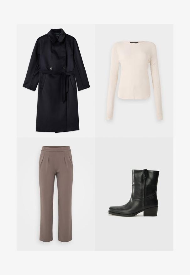 Marineblauer Wollmischmantel mit Reverskragen, doppelt-knöpfigem Verschluss, tailliertem Gürtel, Seitentaschen und mittellangem Design.; Langärmliges, hellbeiges Oberteil mit rundem Ausschnitt. Aus weichem Stoff gefertigt, verfügt es über eine zentrale Naht und einen leicht geschwungenen Saum. Keine sichtbaren Beschläge.; Taupe-lockere Hose mit elastischem Bund und vorderen Falten, gefertigt aus glattem Stoff.; Schwarze Leder-Ankle Boots mit runder Zehenform, Blockabsatz, seitlichem Reißverschluss und gestickten Akzenten auf dem Blatt. Glatte Textur, klassisches Design.