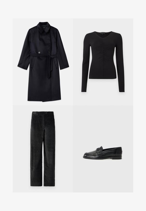 Mornarica kaput od vune s mješavinom, s izrezanom kragnom, dvostrukim dugmetima, pojasom na struku, bočnim džepovima i srednjom dužinom.; Crna bluzica s dugim rukavima, V-izrezom i naborima sprijeda, izrađena od glatkog materijala. Prilagođeni kroj i minimalistički dizajn.; Crne široke hlače s teksturom i naglašenim tkanjem, s prednjim nabora i ravnim pojasom. Klasičan dizajn za svestranost.; Crni kožni loafers s glatkom površinom, uvezenim linijskim uzorkom i dekorativnom kopčom na vrhu. Nizak, blok peta.