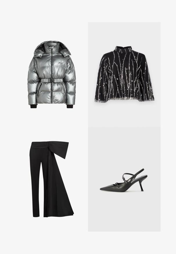 Sudraba pūkainā jaka ar augstu apkakli, ar rāvējslēdzēja aizdari un noņemamu jostu. Iezīmē ribotas aproces un quilted tekstūru ar melniem akcentiem.; Melna īsā topiņa ar augstu kaklu, kurai ir sudraba mirdzošas vertikālas svītras, caurspīdīgas piedurknes un teksturēta auduma.; Melni bikses ar platu, karājošu jostu vidukļa zonā. Gluda auduma, taisnā kāju griezuma un krokām jostasvietā.; Melnas ādas slingback papēži ar norādītu purngalu, izsmalcinātu papēdi un dekoratīvu sprādzi uz priekšpuses. Gluda tekstūra un elegants dizains.