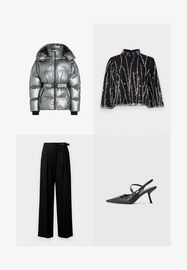 Hõbedane pahtli jope kõrge kraega, lukuga kinni ja eemaldatava vöödiga. Omab soonikuid käeotsi ja tikitud tekstuuri mustade aktsentidega.; Mustmust lõhikuga must topp kõrgema kaelusega, millel on hõbedased säbrulised vertikaalsed read, läbipaistvad varrukad ja tekstureeritud kangas.; Mustad kõrge vöökohaga mustad laiad püksid, millel on ees voldid ja vöö, millel on pandla. Valmistatud siledast ja kergest kangast.; Must musta slingback kontsad, terava nina, peenike konts ja dekoratiivne pandla detail peal. Sile tekstuur ja stiilne disain.