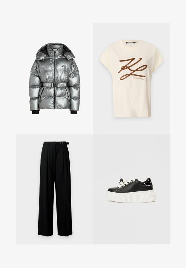 Sølv pufferjakke med høj krave, lynlåslukning og aftageligt bælte. Har ribbede manchetter og quiltet tekstur med sorte accenter.; Kræmfarvet bomulds t-shirt med korte ærmer, der har et brunbroderet logo og skriftdesign på forsiden.; Sort vide-bein bukser med høj talje, læg foran og et bælte med spænde. Fremstillet af glat, let materiale.; Sorte lædersneakers med en tyk hvid ribbet sål, med hvide snørebånd og en dekorativ sløjfe på tunge.