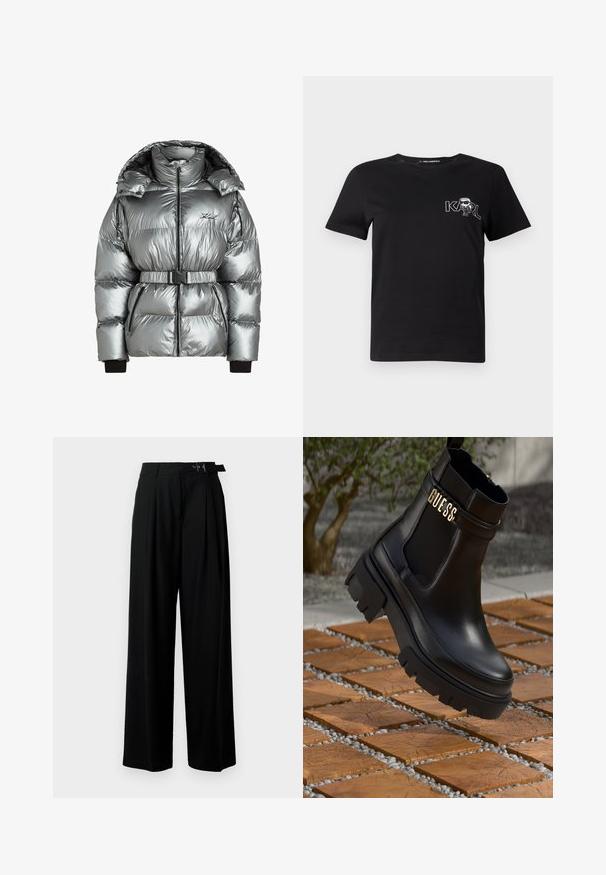 Giubbotto gonfiabile argento con colletto alto, chiusura con zip e cintura staccabile. Presenta polsini a coste e texture trapuntata con accenti neri.; T-shirt nera a maniche corte in cotone. Presenta una grafica bianca con il testo "KARL" e una figura stilizzata sul petto. Collo rotondo.; Pantaloni neri a gamba larga con vita alta, pieghe nella parte anteriore e una cintura con fibbia. Realizzati in tessuto liscio e leggero.; Stivale alla caviglia in pelle nera con suola in gomma spessa, pannelli laterali in elastico e un accento dorato con il marchio "GUESS".