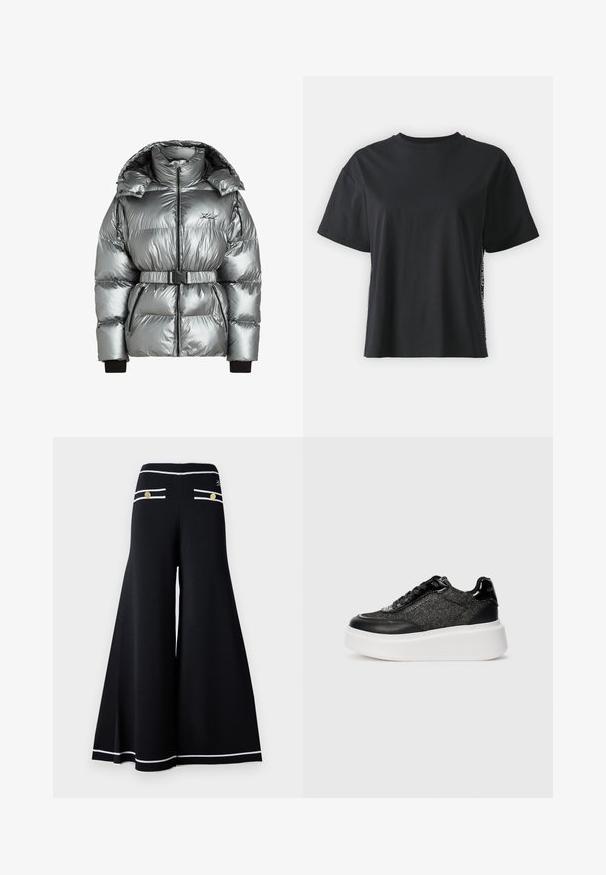 Hopeapuffertakki, jossa on korkea kaulus, vetoketjukiinnitys ja irrotettava vyö. Siinä on ribbipäällysteiset hihansuut ja tikattu rakenne mustilla yksityiskohdilla.; Musta lyhythihainen puuvillapaita rentoa mallia, jossa on erottuva sivupaneeli, johon on lisätty pieniä tekstejä ja yksityiskohtia.; Mustat leveät housut valkoisilla koristeommelluilla yksityiskohdilla, jossa on kultaiset napit takataskuissa ja sileä, teksturoitu kangaspinta.; Mustetta ja hopeaa olevat platform-tennarit, joissa on teksturoitua kangasta ja nahkaysityksiä, paksulla valkoisella pohjalla ja mustalla nauhakiinnityksellä.