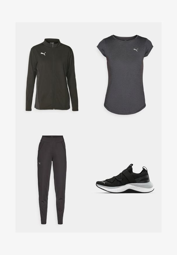 Black zip-up jacket made of smooth, lightweight fabric. Features a high collar, long sleeves, and a white Puma logo on the chest.; Gray athletic t-shirt with short sleeves, round neckline, and a subtle logo accent on the chest. Made from a smooth, lightweight fabric.; Black athletic leggings made of stretchy fabric, featuring a high waistband, side pockets, and a small reflective logo on the left thigh.; Black athletic shoe with a textured upper, elastic straps, and a thick white midsole. Features a grey accent along the sole.