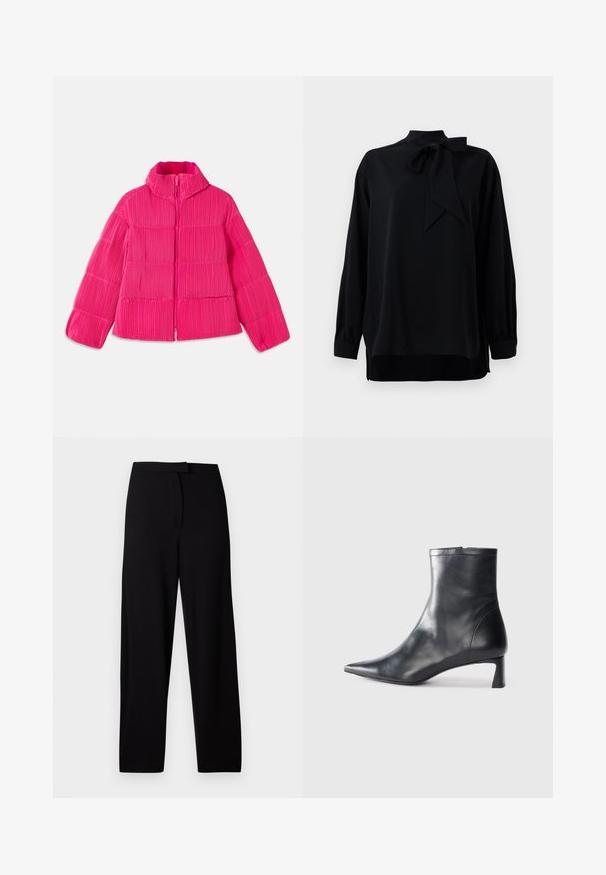 Ljusrosa puffjacka med hög krage och vertikal ribbad textur, dragkedja fram och långa ärmar.; Svart blus med hög krage och detalj i form av en fluga. Långa ärmar med manschettavslut. Tillverkad av ett mjukt tyg med lös passform.; Svarta vida byxor i mjukt, elastiskt material. Har en slät midja och inga synliga sömmar eller fickor. Enkelt och mångsidigt design.; Svart läder ankelboot med spetsig tå och en smidig design. Har en låg klack och en dragkedjestängning bak. Slät textur.