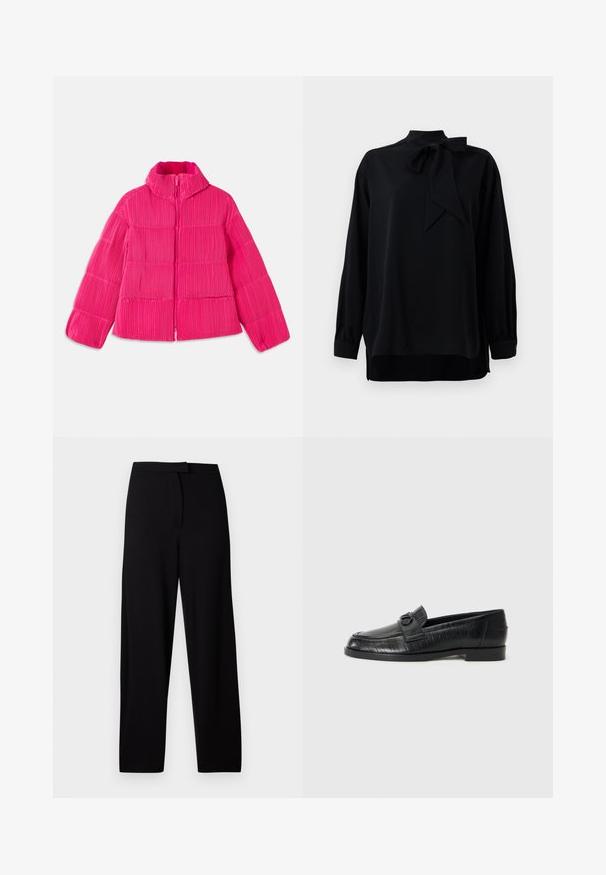 Jachetă pufos roz aprins, cu guler înalt și textură verticală cu dungi, închidere cu fermoar pe față și mâneci lungi.; Bluză neagră cu guler înalt și detaliu de fundiță. Mâneci lungi cu vârfuri manșetă. Fabricată dintr-un material neted cu o croială lejeră.; Pantaloni negri evazați dintr-un material moale și elastic. Dispun de un brâu neted și nu au cusături sau buzunare vizibile. Design simplu și versatil.; Bocanci din piele neagră, cu un superior neted, model liniar embosat și un accent decorativ sub formă de cataramă pe față. Toc jos, de tip bloc.