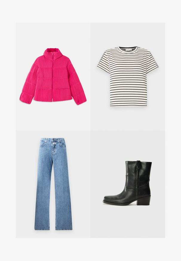 Jasnoróżowa kurtka puchowa z wysokim kołnierzem i pionowym żebrowanym wzorem, z zamkiem błyskawicznym z przodu i długimi rękawami.; Bawełniana koszulka T-shirt z krótkim rękawem i okrągłym dekoltem, z czarnymi pionowymi paskami na białym tle oraz prostym krojem.; Jasnoniebieskie dżinsy o szerokim kroju, pięć kieszeni, szlufki na pasek i zapięcie na guzik. Tkanina ma gładką strukturę.; Czarne skórzane botki za kostkę z okrągłym noskiem, słupkowym obcasem, bocznym zamkiem i przeszyciami na cholewce. Gładka tekstura, klasyczny design.