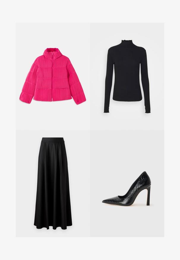 Ryškiai rožinė pūkinė striukė su aukštu apykakle ir vertikaliu raukšlėtu tekstūru, priekyje užtrauktukas ir ilgos rankovės.; Juodas ilgomis rankovėmis turtleneko tipo viršus, pagamintas iš lygaus audinio, su raukšlėtu kaklu ir prigludusia siluetu, turinčiu paprastus kraštus.; Juoda, iki žemės tiesi sijonas su lygiu paviršiumi, plačiu juosmeniu ir pūtimo dizainu, be matomų raštų ar puošmenų.; Juoda smailiakulnė aukšto kulno bateliai su krokodilo odos tekstūra, pasižymintys elegantišku dizainu, aukštu stiletu kulnu ir lygia juoda vidine dalimi.