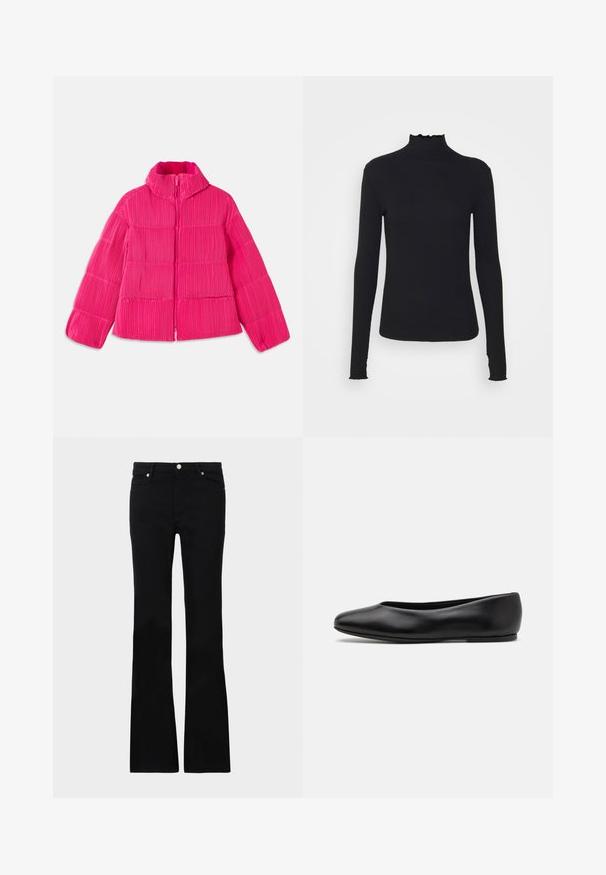 Bright pink puffer jacket with high collar and vertical ribbed texture, front zipper closure, and long sleeves.; Black long-sleeve turtleneck top made of smooth fabric, featuring a ruffled neck and fitted silhouette with simple edges.; Black flared jeans made of denim, featuring two front pockets, a button closure, and a smooth texture. Signature stitching visible at seams.; Paul Smith TOPANGA - Ballet pumps - black