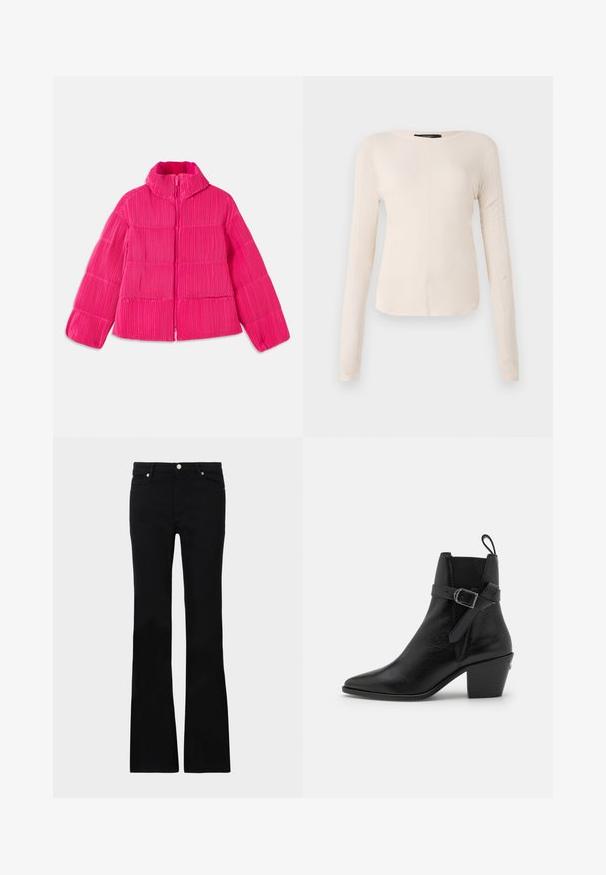 Lys pink puffjakke med høj krave og vertikal ribstrik, frontlynlås og lange ærmer.; Langærmet, lys beige top med rund halsudskæring. Lavet af blødt stof, har en central søm og let buet kant. Der er ingen synlige metaldele.; Sorte bløde jeans lavet af denim, med to frontlommer, knaplukning og en glat tekstur. Signaturstikninger synlige ved sømmene.; Sort læder ankelstøvle med spids tå, blokhæl og side spænde detaljer. Har en glat tekstur og en påtrækningsflap bagpå.