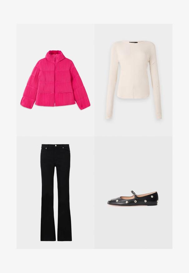 Fényes pink puffermellény magas gallérral és függőleges bordázott textúrával, elöl cipzárral és hosszú ujjakkal.; Hosszú ujjú, világos bézs blúz kerek nyakkivágással. Puha anyagból készült, középső varrással és enyhén ívelt szegéllyel rendelkezik. Nincs rajta látható fémrész.; Fekete, bővülő szárú farmernadrág, két elülső zsebből áll, gombos záródással és sima textúrával rendelkezik. A varrásoknál látható a jellegzetes öltés.; Fekete bőr Mary Jane lapossarkú cipő, lekerekített orral, ezüst színű kör alakú szegecsekkel és állítható pánttal, csattal.
